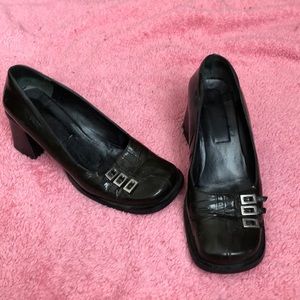 Black Patent Leather Buckle Clog Style Heels
